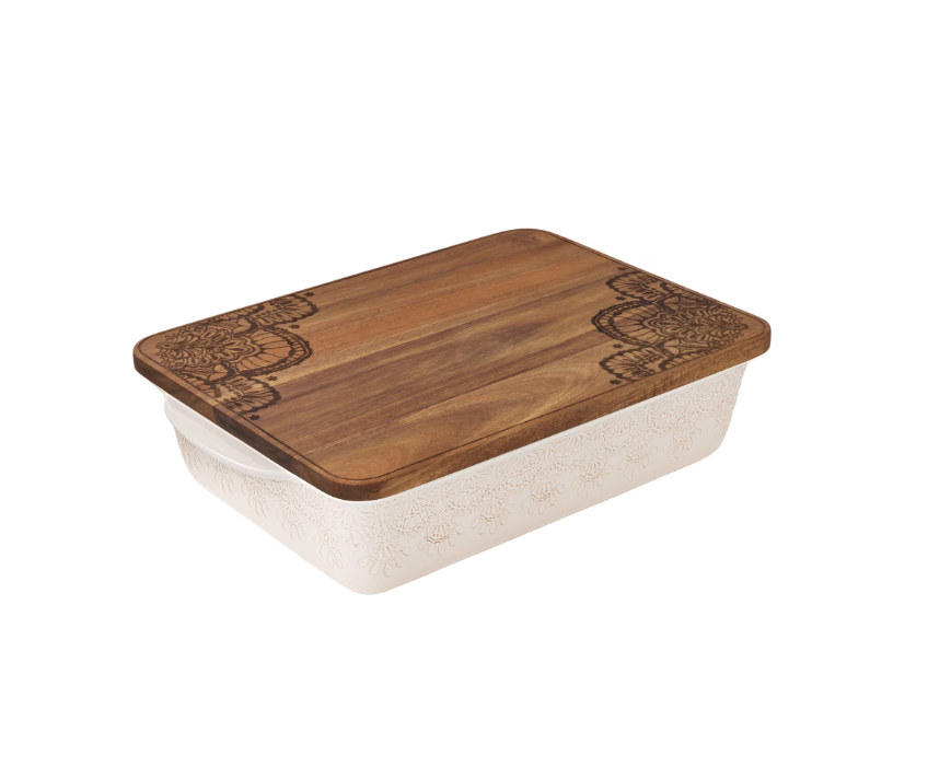 The Pioneer Woman 9" x 13" Vintage Lace Ceramic Casserole Baking Dish with Wood Lid, Linen