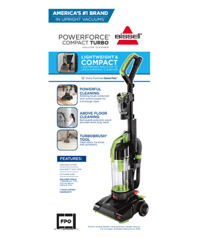 BISSELL PowerForce Compact Turbo, Bagless, Upright Vacuum, Powerful Suction, East Empty Dirt Tank, Lightweight, High Reach Wand, 2690, Green & Black