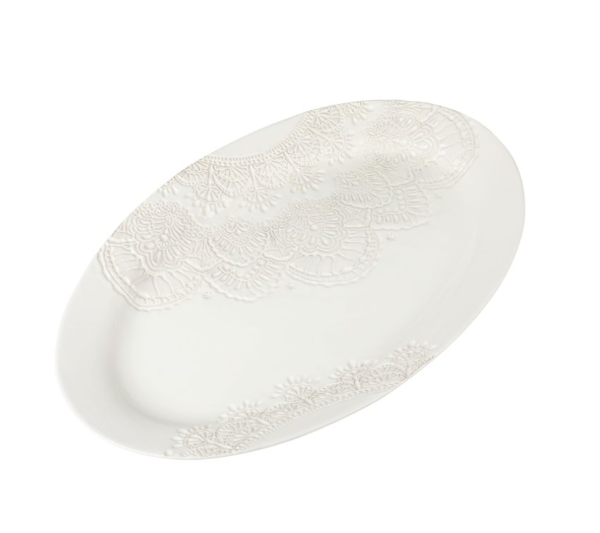 The Pioneer Woman Vintage Lace 20-inch Stoneware Oval Serving Tray Platter, White