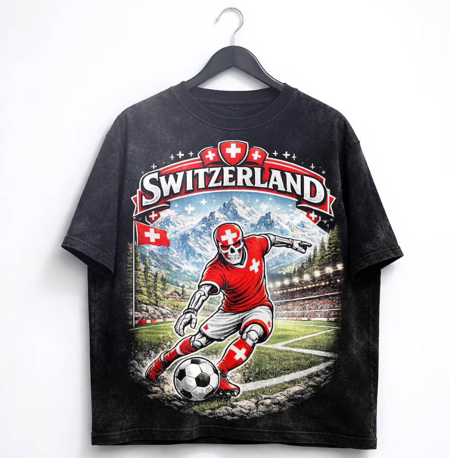 Switzerland Soccer Skull Shirt, Swiss Football Tee, Alpine Mountain Graphic, World Cup 2026 Shirt, Streetwear Tee, Unisex T-Shirt.