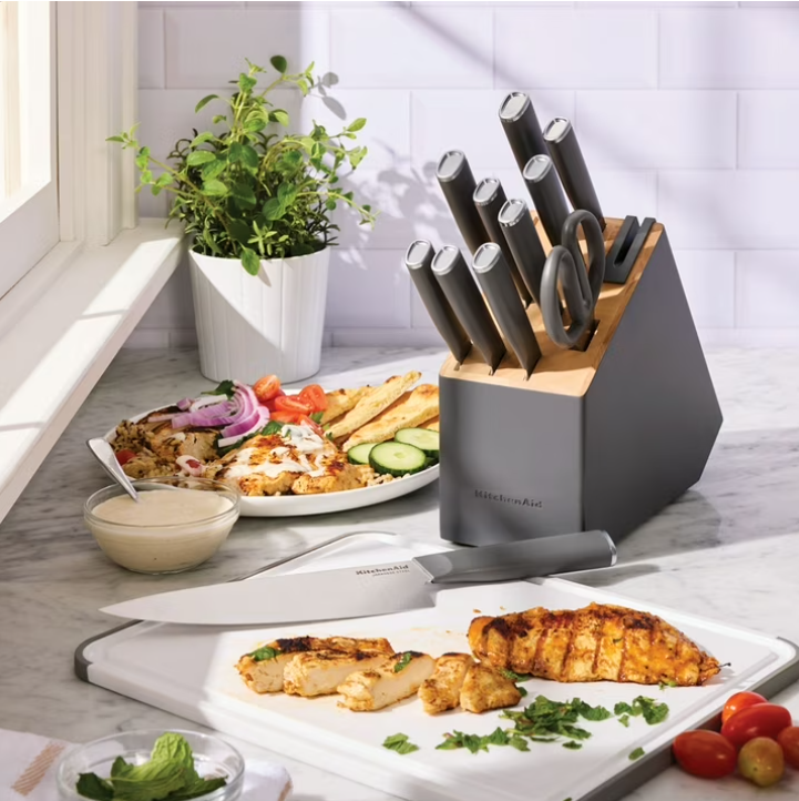 KitchenAid Classic 12-Piece Japanese Steel Knife Block Set with Built-in Knife Sharpener, Charcoal Gray