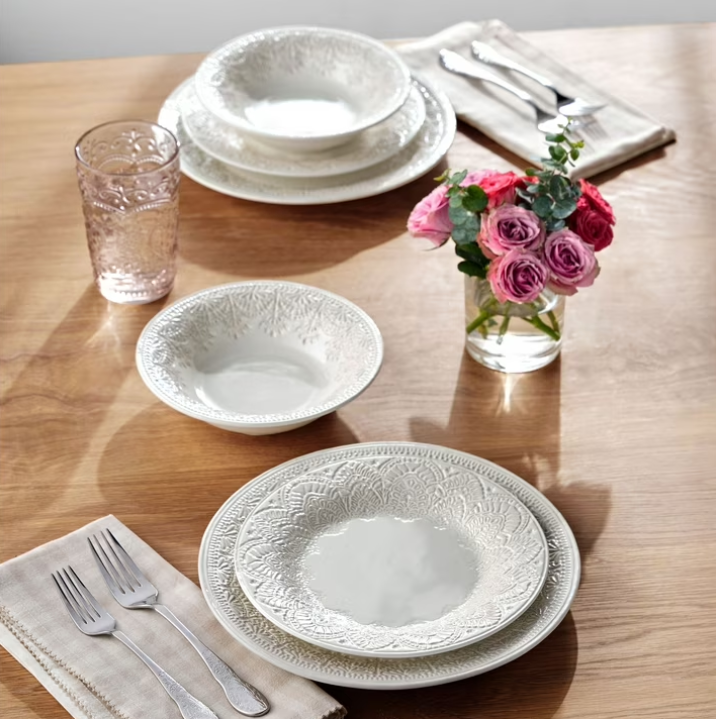 The Pioneer Woman Vintage Lace 12-Piece Ceramic Dinnerware Set, Linen