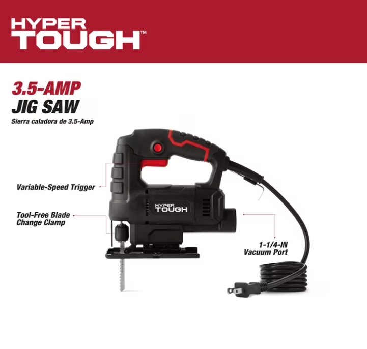 Hyper Tough 3.5-Amp Corded Jig Saw, Corded, 120 Volt, Model Number 44002, for Wood-Cutting