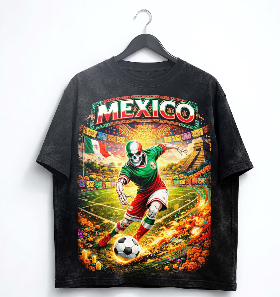 Mexico Skull Soccer Shirt, Day of the Dead Graphic Tee, Mexican Football Shirt, World Cup 2026 Shirt, Streetwear Tee, Unisex T-Shirt.