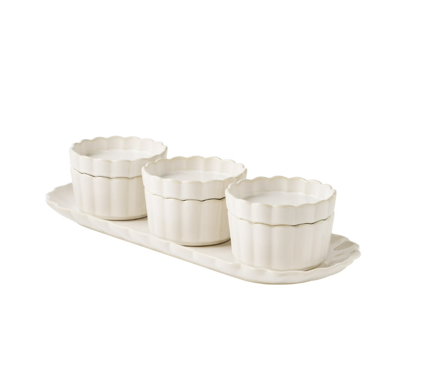 Pioneer Woman Cream Colette Tray with 3 Bowls with lids
