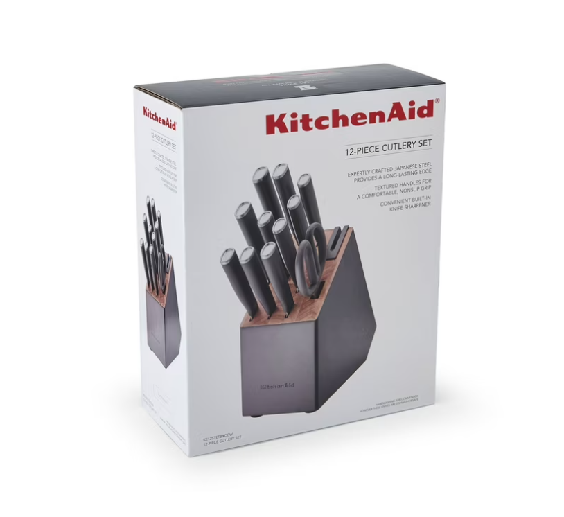 KitchenAid Classic 12-Piece Japanese Steel Knife Block Set with Built-in Knife Sharpener, Charcoal Gray