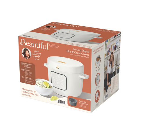 Beautiful 14-Cup Cooked, 6-Cups Uncooked Electric Rice and Grain Cooker, EverGood™ Ceramic Nonstick Coating, White Icing by Drew Barrymore