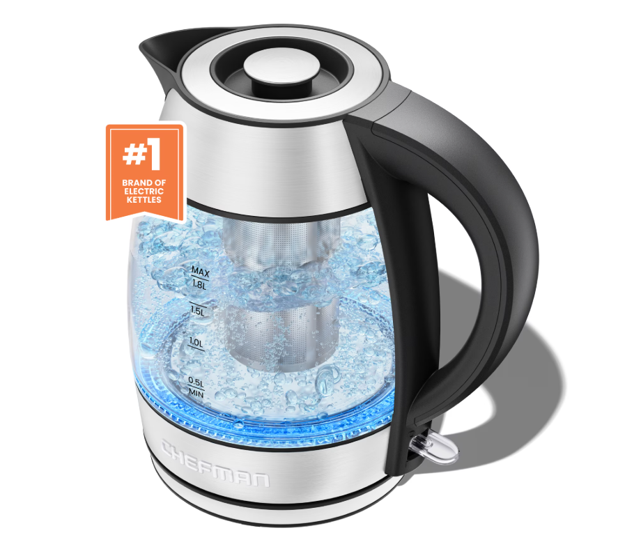 Chefman Fast Boiling 1.8L Electric Glass Kettle, Removable Tea Infuser, LED Lights, Stainless Steel