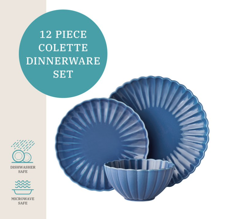The Pioneer Woman Colette 12-Piece Stoneware Dinnerware Set, Blue