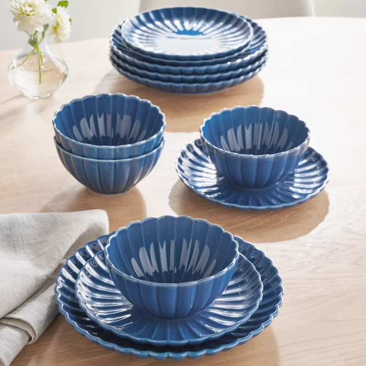 The Pioneer Woman Colette 12-Piece Stoneware Dinnerware Set, Blue