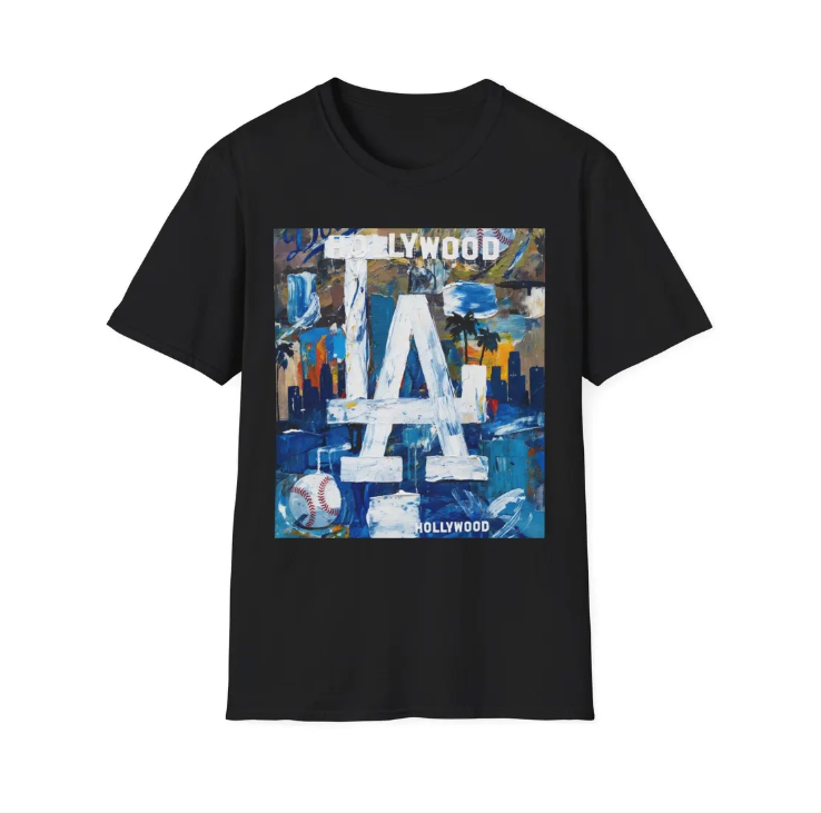 LA Dodgers Abstract Logo T-Shirt Hollywood Skyline, Urban Dodgers Baseball Art