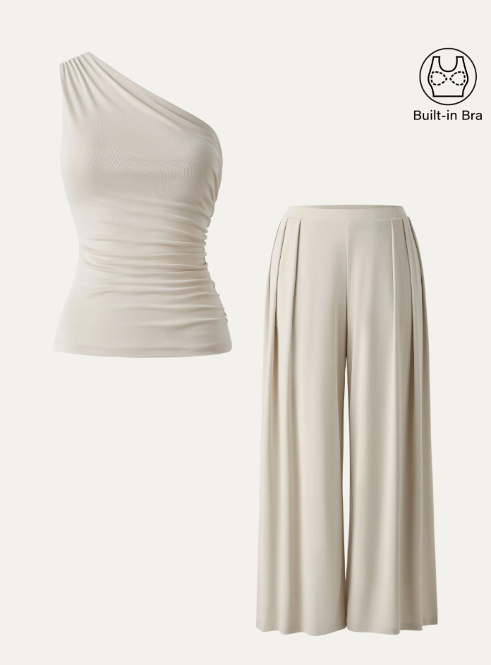 2Pcs Set Regular Wide Leg Palazzo Pant with Pockets & Ruched Bra Tank