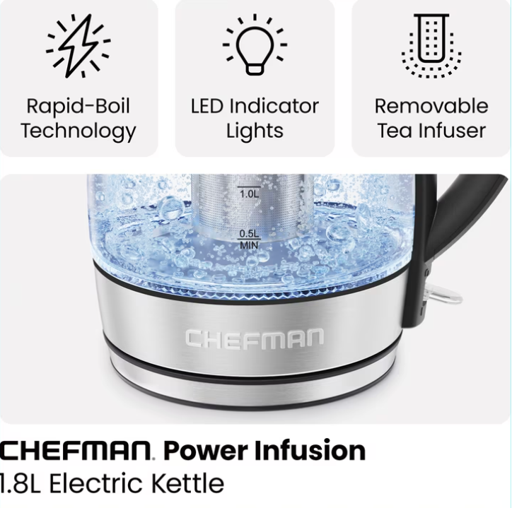 Chefman Fast Boiling 1.8L Electric Glass Kettle, Removable Tea Infuser, LED Lights, Stainless Steel