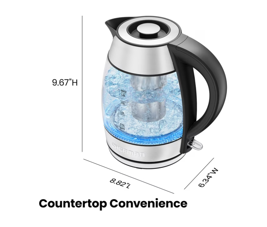 Chefman Fast Boiling 1.8L Electric Glass Kettle, Removable Tea Infuser, LED Lights, Stainless Steel
