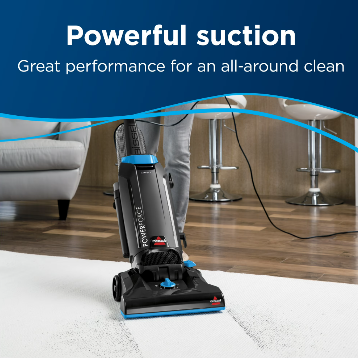 BISSELL PowerForce Bagged, Upright Vacuum, Powerful Suction, Allergen Filtration Bags, Flexible Reach, 1739, Black & Blue