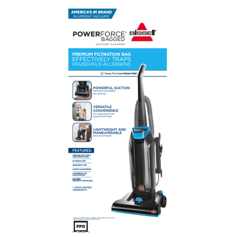 BISSELL PowerForce Bagged, Upright Vacuum, Powerful Suction, Allergen Filtration Bags, Flexible Reach, 1739, Black & Blue