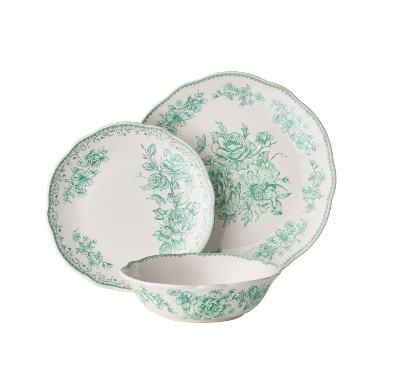 The Pioneer Woman Agatha 12-Piece Stoneware Dinnerware Set, Green