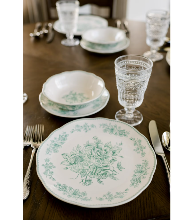 The Pioneer Woman Agatha 12-Piece Stoneware Dinnerware Set, Green