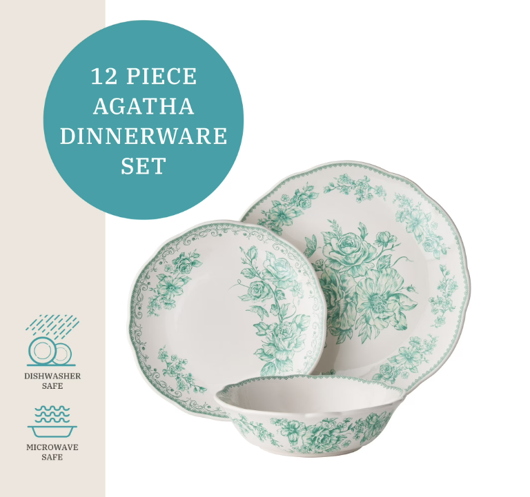 The Pioneer Woman Agatha 12-Piece Stoneware Dinnerware Set, Green