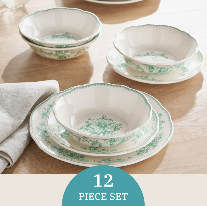 The Pioneer Woman Agatha 12-Piece Stoneware Dinnerware Set, Green