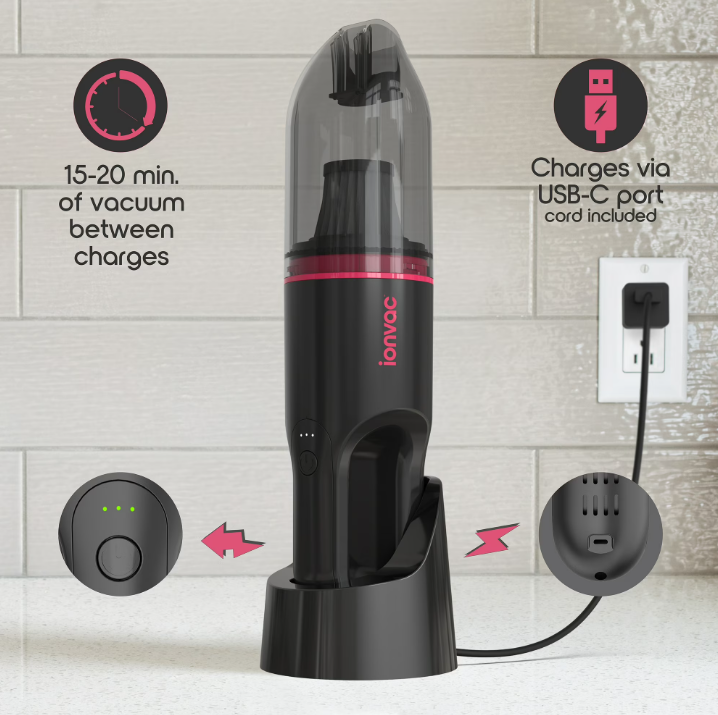 IonVac Handvac Handheld Cordless Vacuum, Pet-Friendly Multi-Surface Lightweight Vacuum Cleaner with USB Charging, Model #7553, Pink