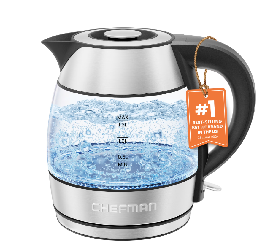 Chefman Rapid Boil 1.2L Electric Tea Kettle with Removable Lid - Stainless Steel