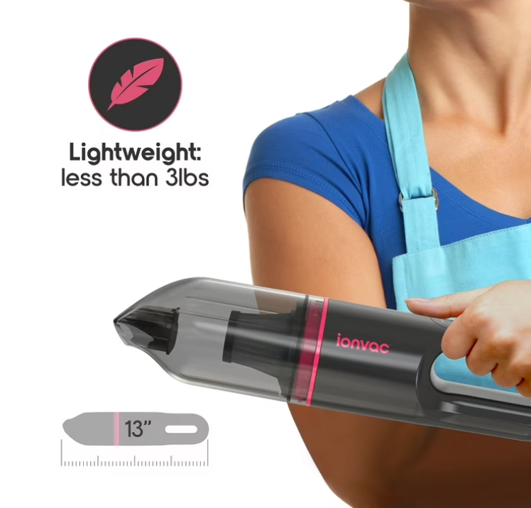 IonVac Handvac Handheld Cordless Vacuum, Pet-Friendly Multi-Surface Lightweight Vacuum Cleaner with USB Charging, Model #7553, Pink
