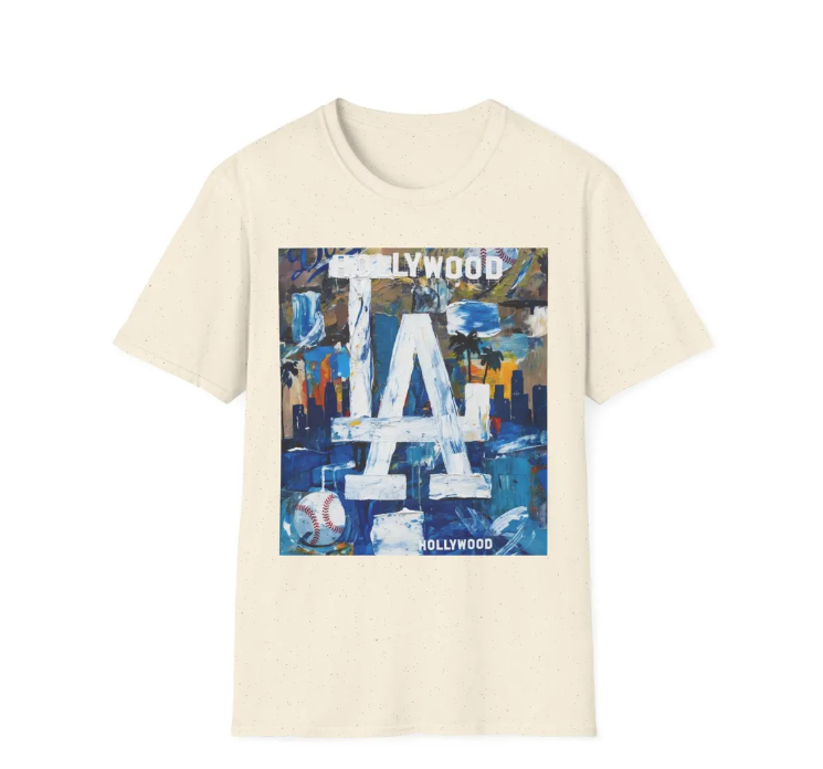 LA Dodgers Abstract Logo T-Shirt Hollywood Skyline, Urban Dodgers Baseball Art