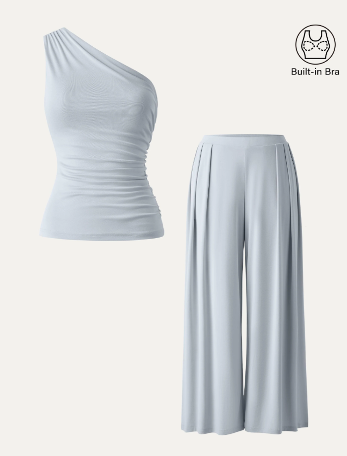 2Pcs Set Regular Wide Leg Palazzo Pant with Pockets & Ruched Bra Tank