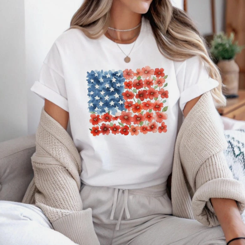 Floral American Flag Shirt Women Patriotic 4th of July Independence Day Tee