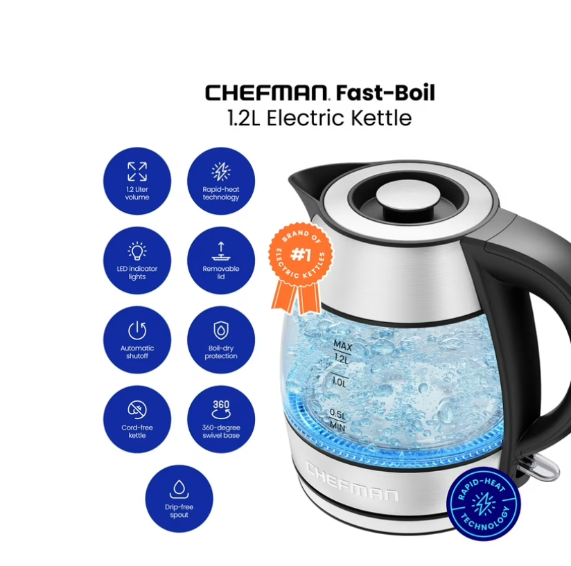 Chefman Rapid Boil 1.2L Electric Tea Kettle with Removable Lid - Stainless Steel