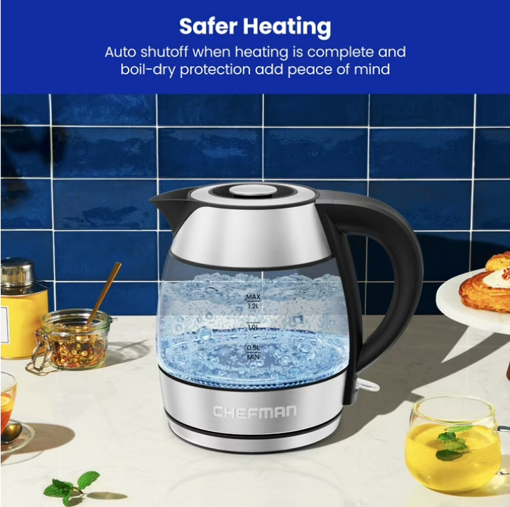 Chefman Rapid Boil 1.2L Electric Tea Kettle with Removable Lid - Stainless Steel