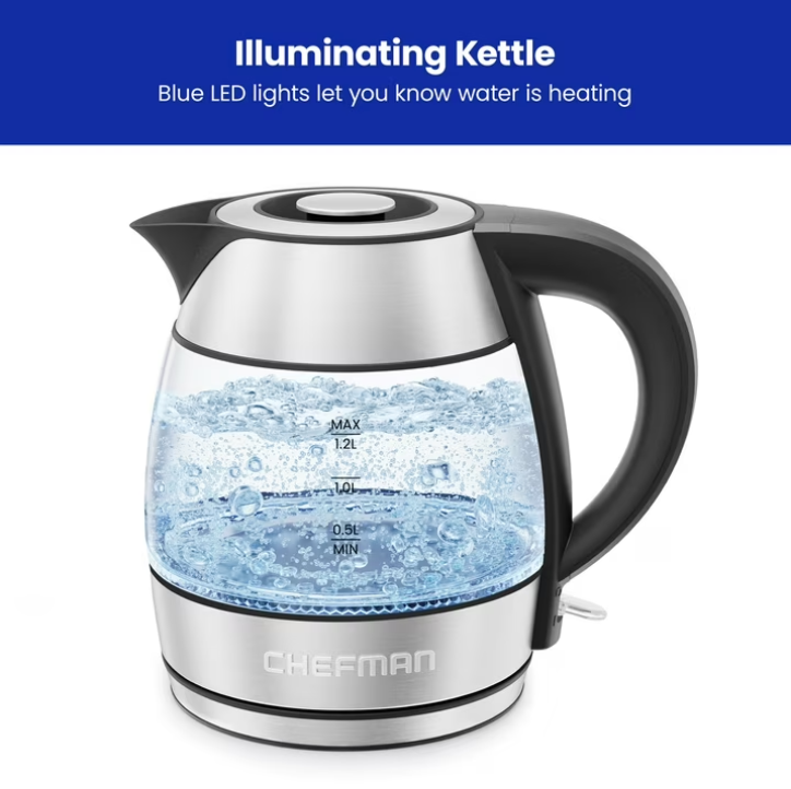 Chefman Rapid Boil 1.2L Electric Tea Kettle with Removable Lid - Stainless Steel