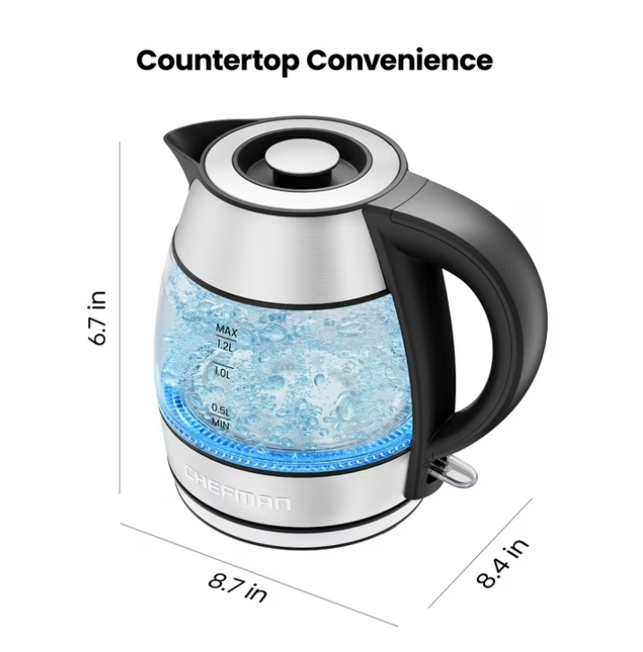 Chefman Rapid Boil 1.2L Electric Tea Kettle with Removable Lid - Stainless Steel