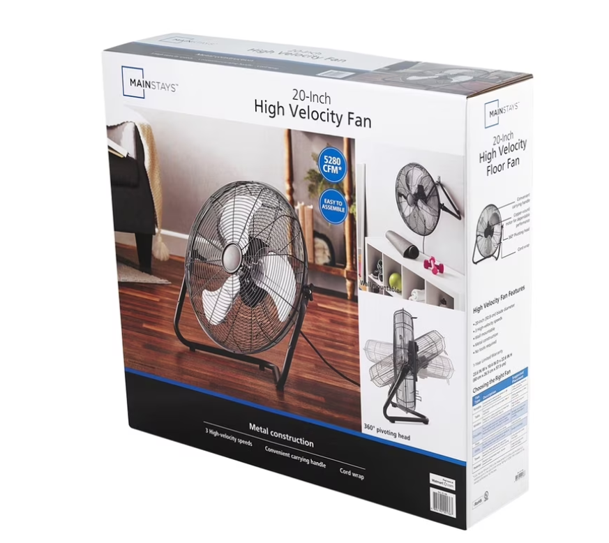 Mainstays 20" 3-Speed High Velocity Tiltable Black Steel Floor Fan