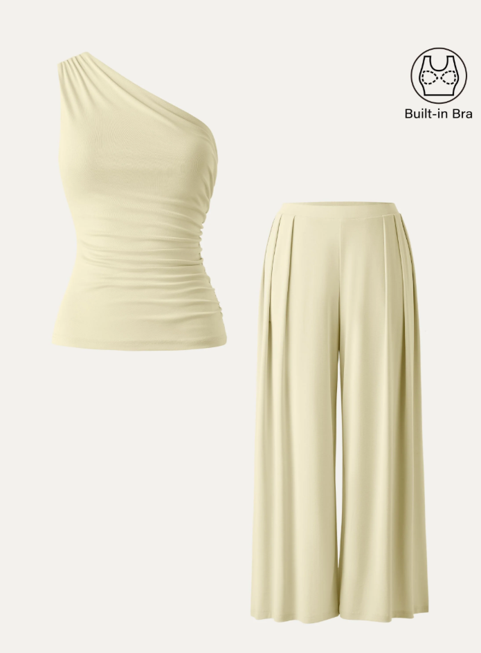 2Pcs Set Regular Wide Leg Palazzo Pant with Pockets & Ruched Bra Tank
