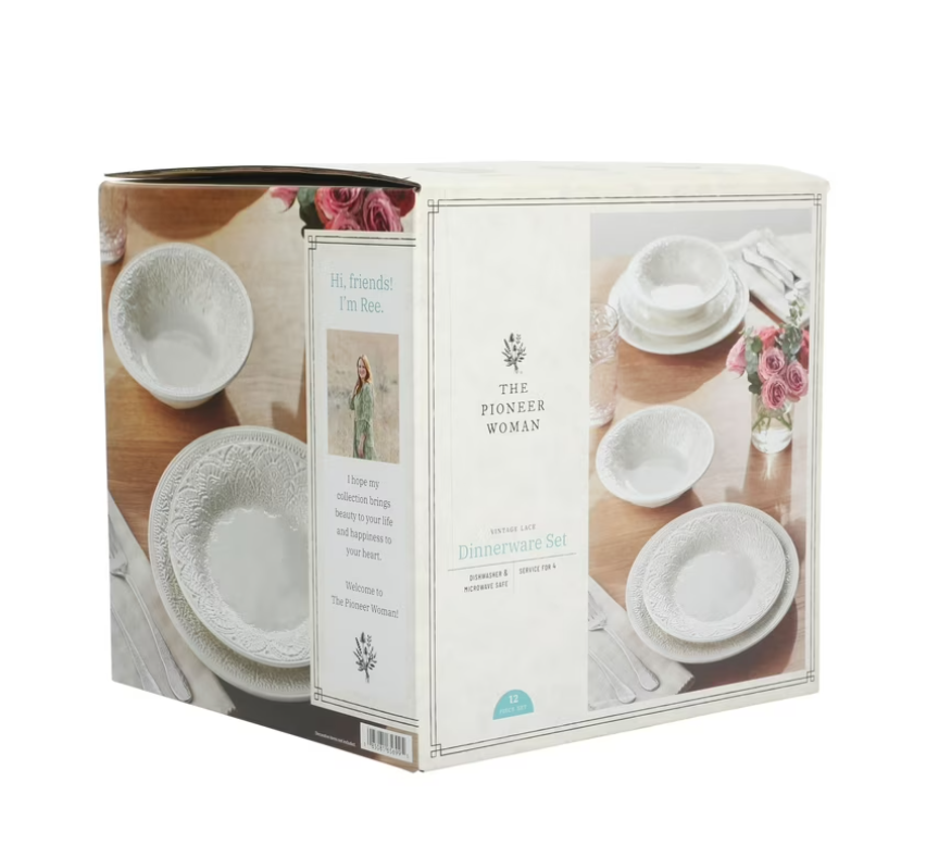 The Pioneer Woman Vintage Lace 12-Piece Ceramic Dinnerware Set, Linen