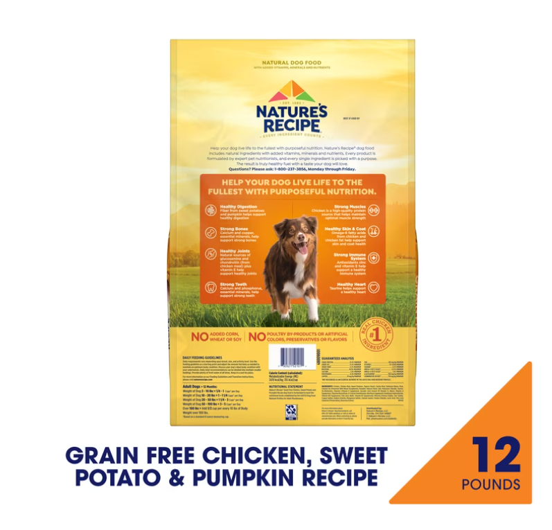 Nature's Recipe Grain Free Chicken, Sweet Potato & Pumpkin Dry Dog Food, 12 lb Bag