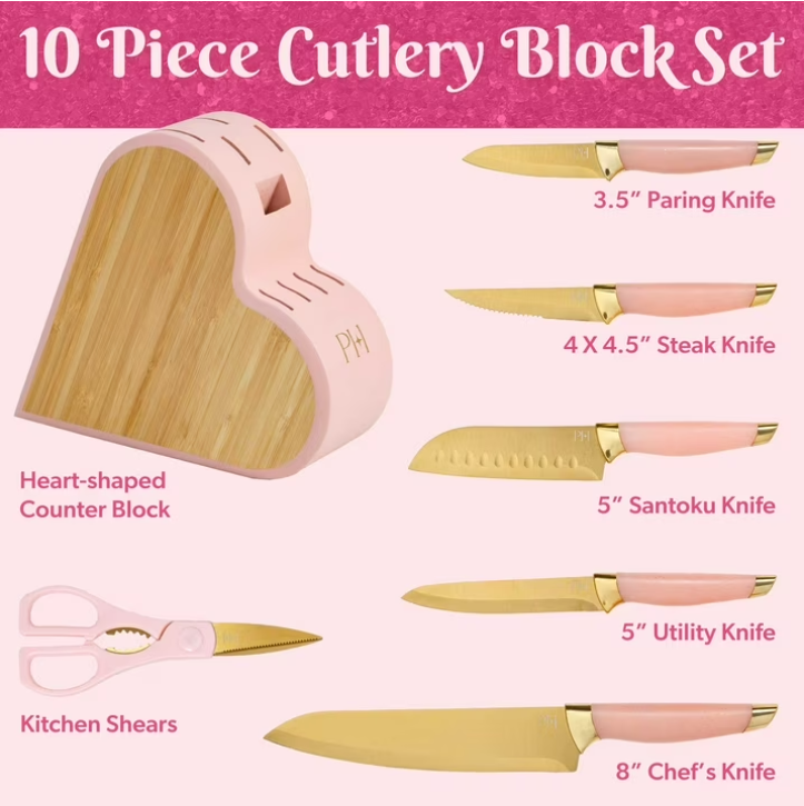 Paris Hilton 10-Piece Stainless Steel Kitchen Knife Set with Heart-Shaped Block, Pink