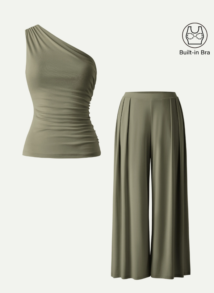 2Pcs Set Regular Wide Leg Palazzo Pant with Pockets & Ruched Bra Tank