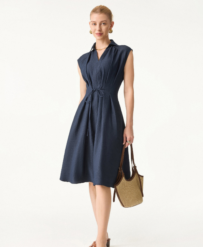 Viscose-Linen Collared V-neck Midi Dress with Drawstring