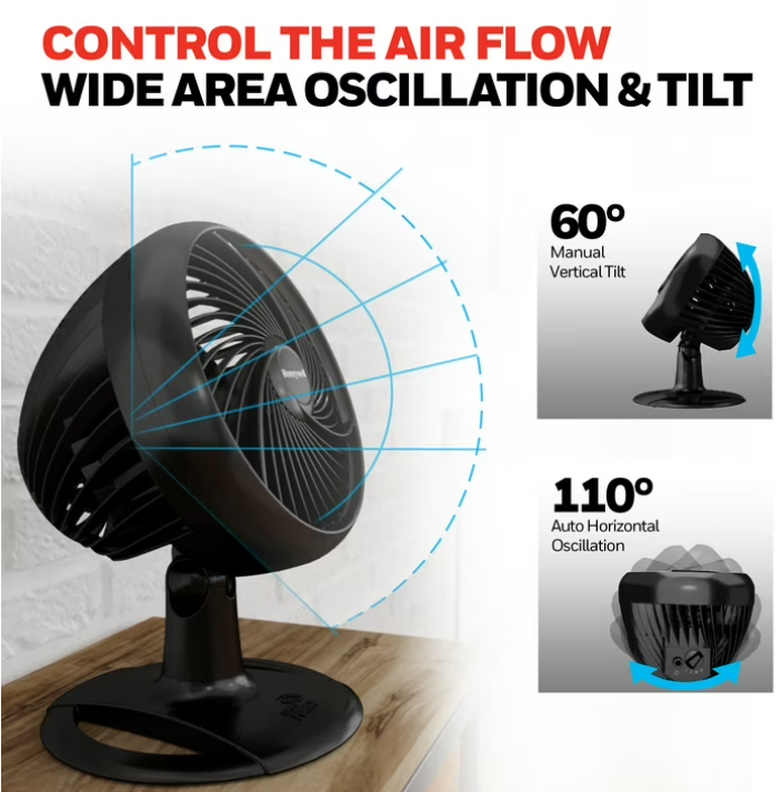 Honeywell 10" Black Turbo Force Power Oscillating Table Fan, 35ft Air Circulation Power, 3 Speed, 45° Pivot, HPF860BWM
