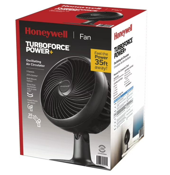 Honeywell 10" Black Turbo Force Power Oscillating Table Fan, 35ft Air Circulation Power, 3 Speed, 45° Pivot, HPF860BWM