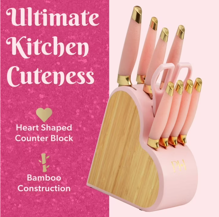 Paris Hilton 10-Piece Stainless Steel Kitchen Knife Set with Heart-Shaped Block, Pink