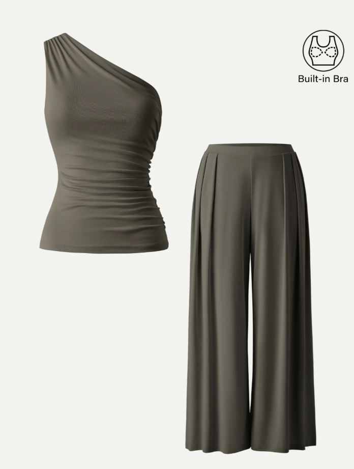 2Pcs Set Regular Wide Leg Palazzo Pant with Pockets & Ruched Bra Tank