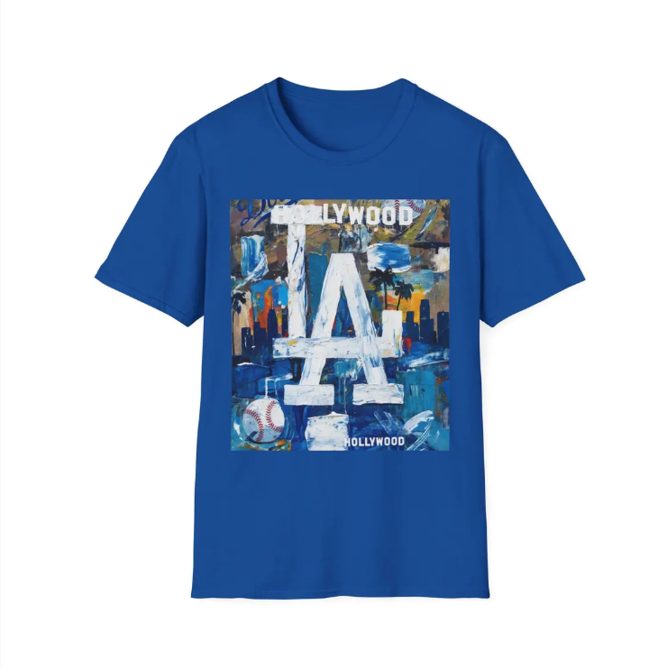 LA Dodgers Abstract Logo T-Shirt Hollywood Skyline, Urban Dodgers Baseball Art