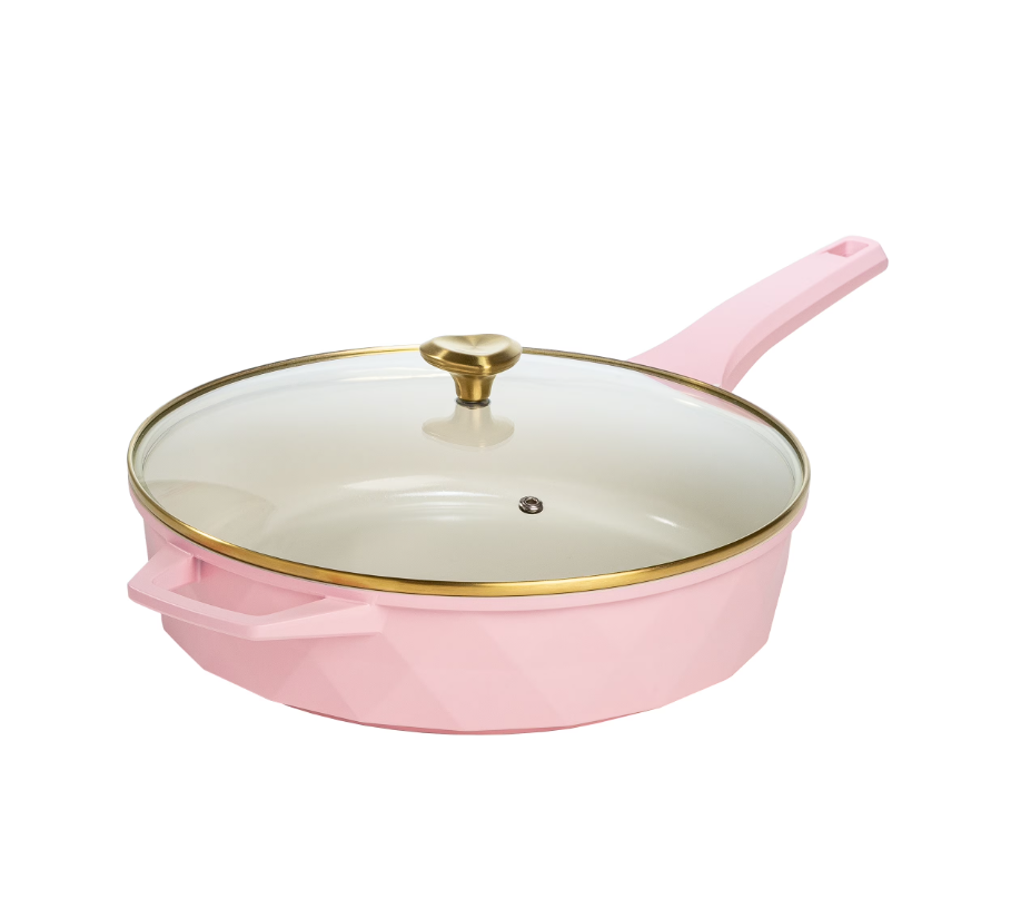 Paris Hilton 4 Quart Ceramic Nonstick Jumbo Cooking Pan Skillet for Sauteing & Frying with Heart Shaped Lid Knobs, Pink