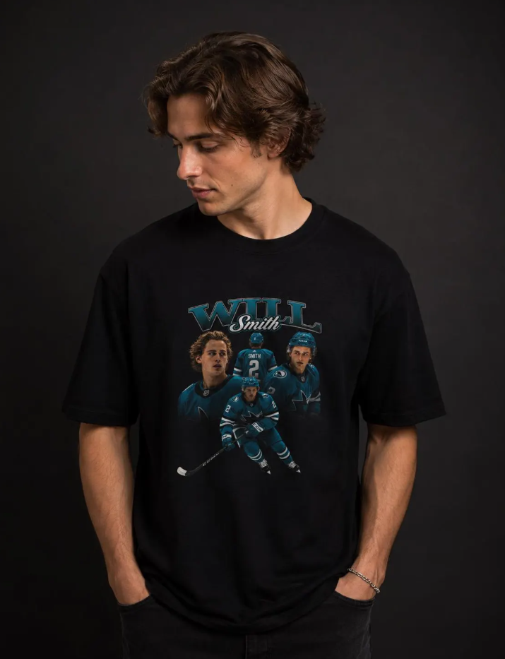Will Smith Hockey Players T-Shirt Retro Sports Face Collage, san jose sharks nhl shirts