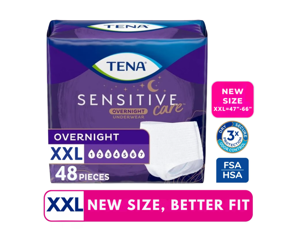 TENA Sensitive Care Overnight Incontinence Underwear for Women, XXL, 48 Count (47in-66in)