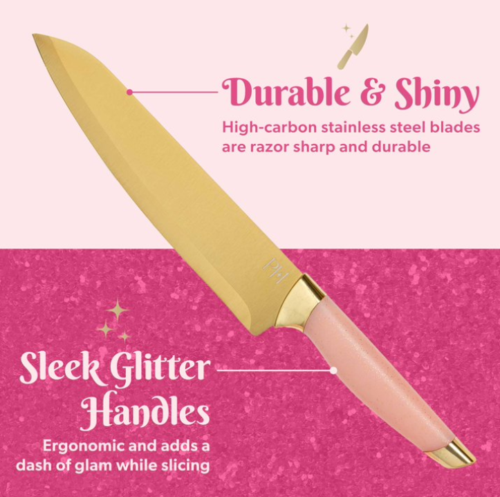 Paris Hilton 10-Piece Stainless Steel Kitchen Knife Set with Heart-Shaped Block, Pink